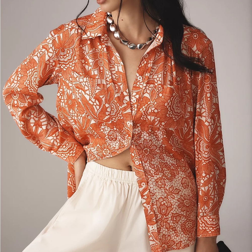 NWT Anthropologie The Brielle Relaxed Buttondown Blouse color Bright red